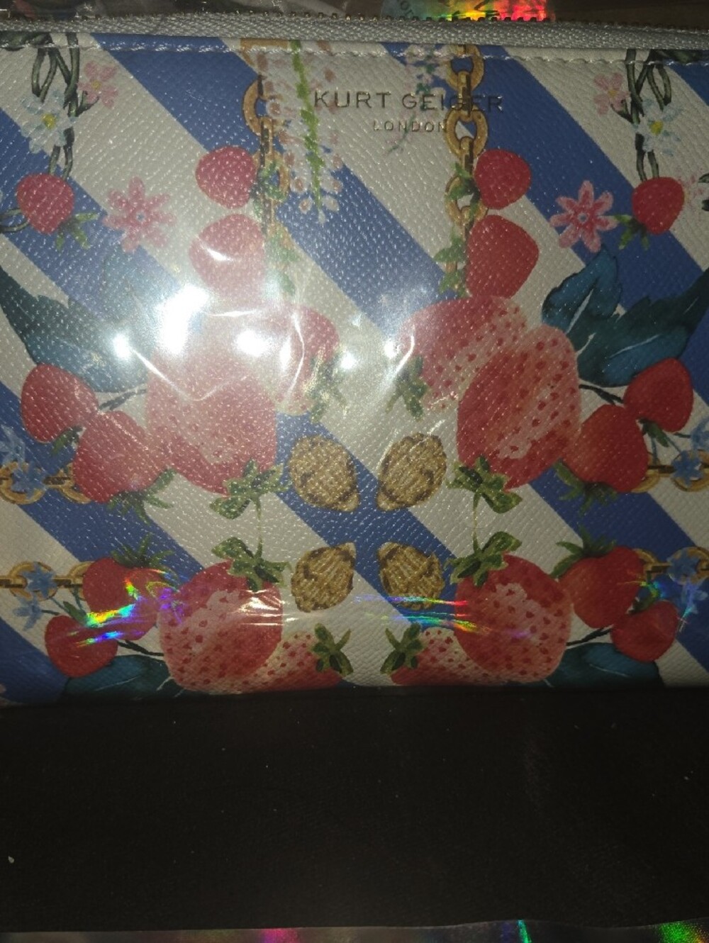 Kurt Geiger Strawberry Print Cosmetic Pouch with Red Feather Charm - Picture 4 of 10